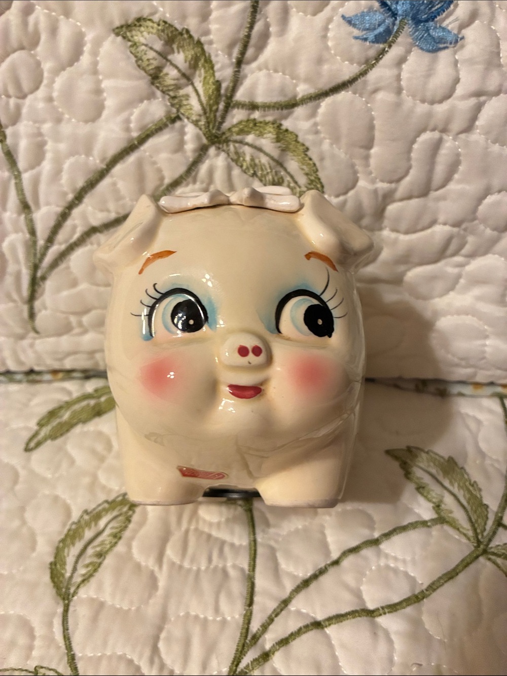 Vintage Lefton Cream Ceramic Pig Bank with Pink Cheeks
